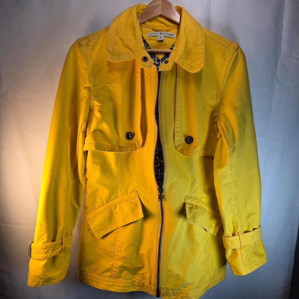 VTG Preppy Tommy Hilfiger Womens Size 12 Yellow Zip Up Jacket Buckle Back & Cuff